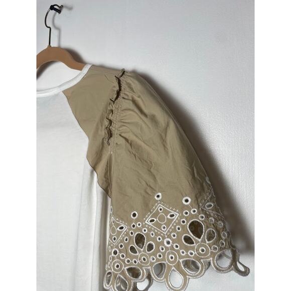 Veronica Beard Briana Embroidered Short-Puffed Sleeve Tee White & Light Khaki M - Picture 13 of 16
